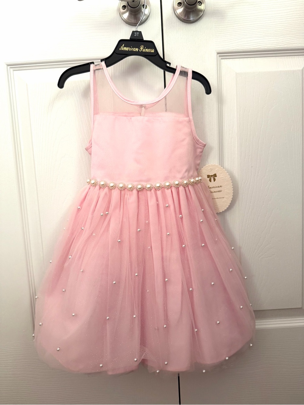 American Princess Light Pink Pearl-Embellished Tulle Party Dress for Kids